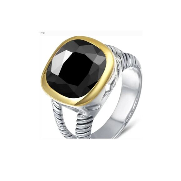 Hot Fashion Twisted Cable Two Tone Cusion Cut Black CZ Statement Ring Sz 7 - Picture 1 of 3